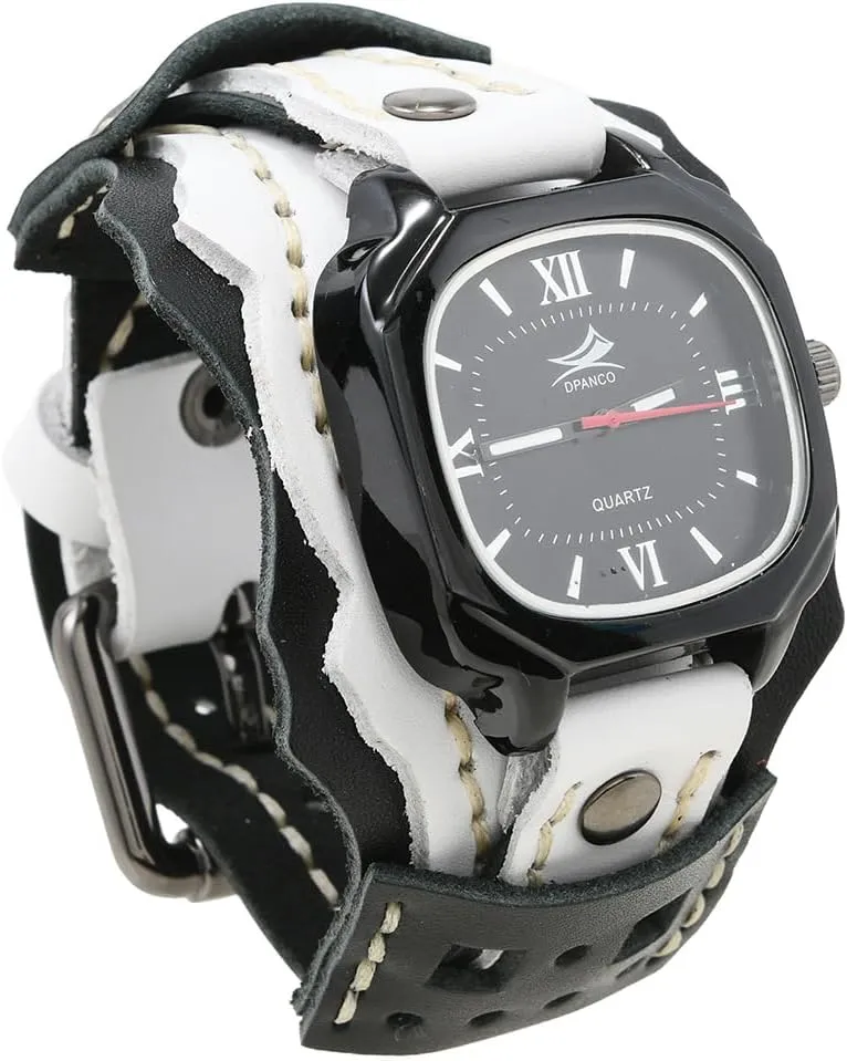 MINILUJIA Handmade Men Watches with Wax Rope Sewn Vintage Punk Hip-Hop Gothic Wide Genuine Soft Leather Cool Cuff Wristwatch Personalized Watch Square Black Dial