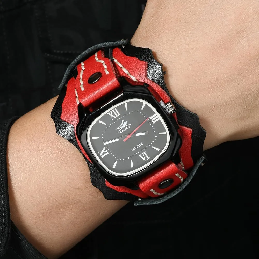 MINILUJIA Handmade Men Watches with Wax Rope Sewn Vintage Punk Hip-Hop Gothic Wide Genuine Soft Leather Cool Cuff Wristwatch Personalized Watch Square Black Dial