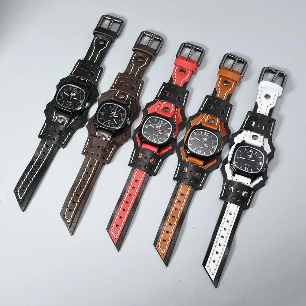 MINILUJIA Handmade Men Watches with Wax Rope Sewn Vintage Punk Hip-Hop Gothic Wide Genuine Soft Leather Cool Cuff Wristwatch Personalized Watch Square Black Dial