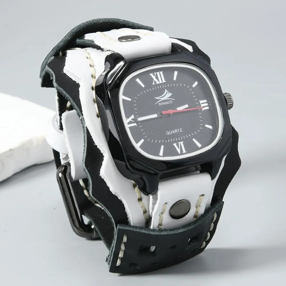 MINILUJIA Handmade Men Watches with Wax Rope Sewn Vintage Punk Hip-Hop Gothic Wide Genuine Soft Leather Cool Cuff Wristwatch Personalized Watch Square Black Dial