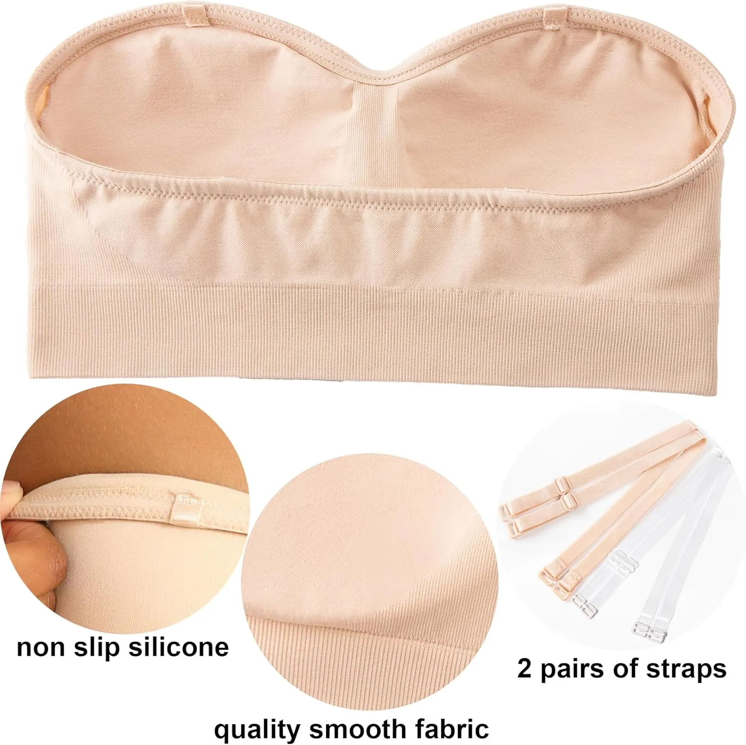 PRETTYWELL Strapless Bra for Women Comfort Non-Slip Seamless Padded Bandeau Bras Wireless Tube Top Bra with Multi-Way Straps
