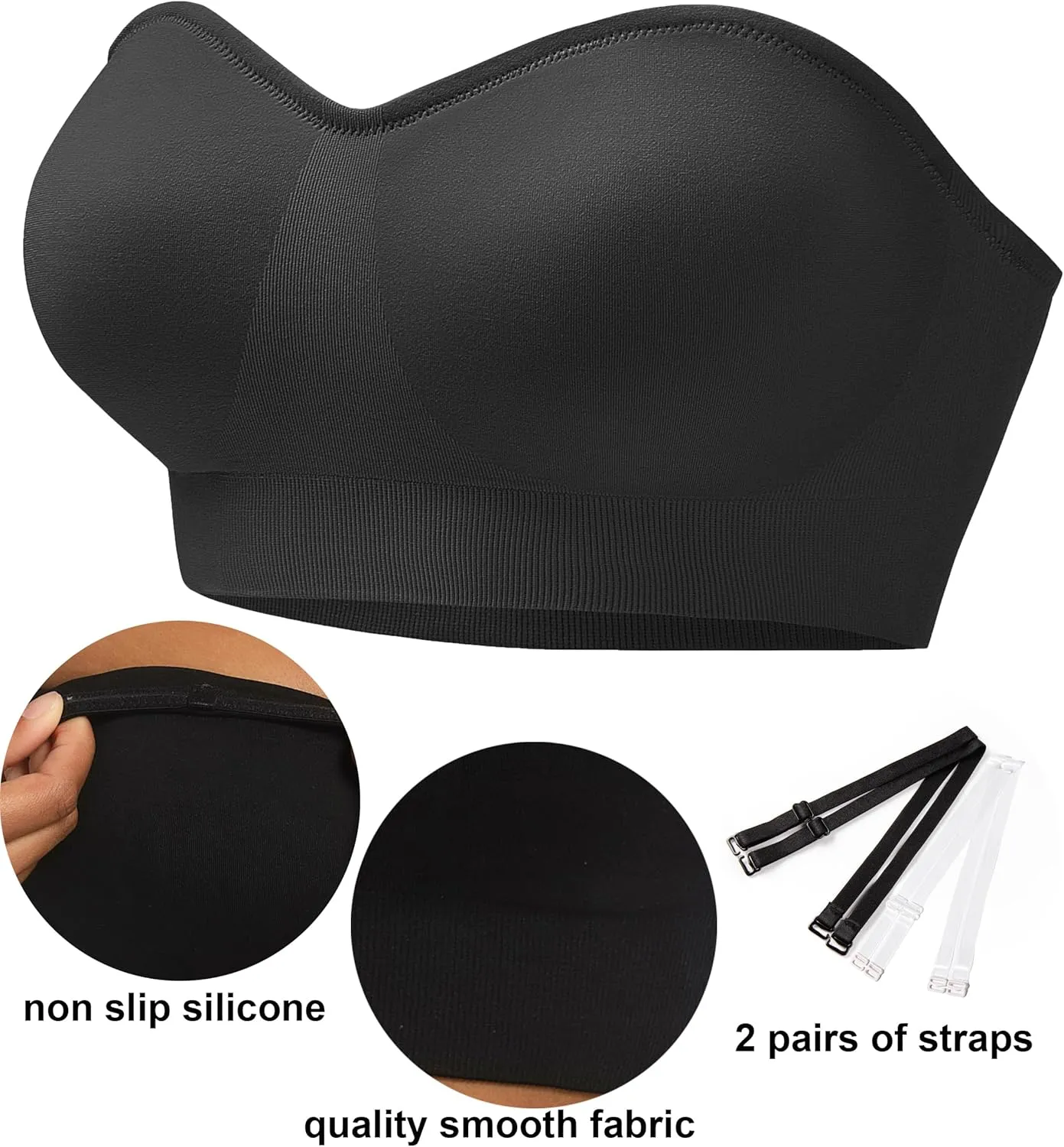 PRETTYWELL Strapless Bra for Women Comfort Non-Slip Seamless Padded Bandeau Bras Wireless Tube Top Bra with Multi-Way Straps