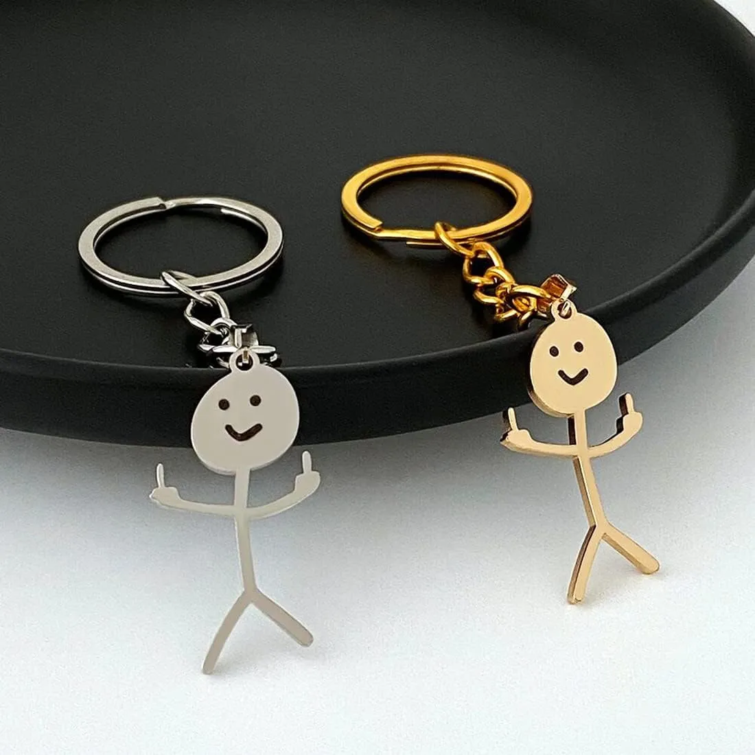 Stainless Steel Funny Doodle Keychain Middle Finger Pendant Keyring Long Distance Friendship Jewelry for Men Women