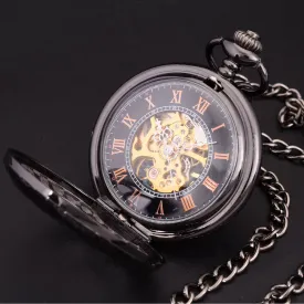 Steampunk Skeleton Dial Black Case Male Relogio De Bolso Retro Roman Numerals Chain Clock Men Mechanical Hand Wind Pocket Watch