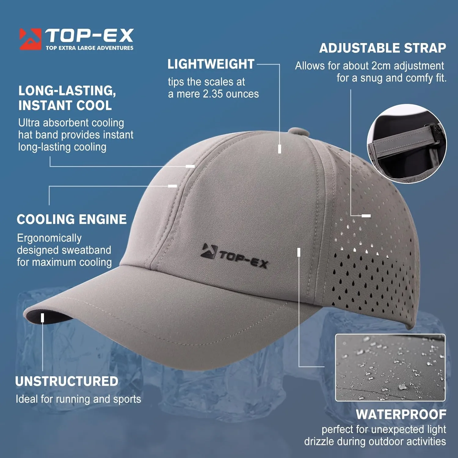 TOP-EX Oversized XL XXL Unstructured Running Breathable Mesh Quick Dry Waterproof Cooling Sweatband Baseball Caps Mens