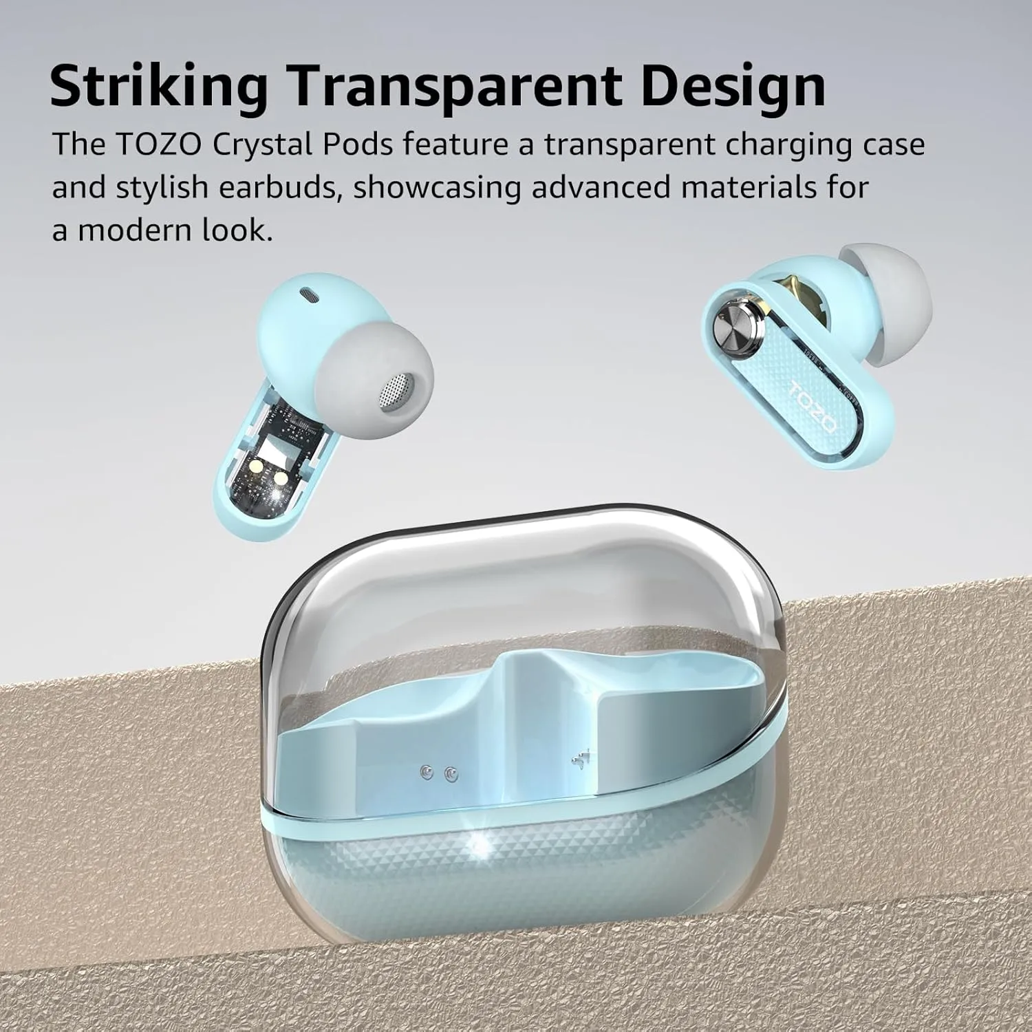 TOZO Hybrid Active Noise Cancelling Wireless Earbuds, Bluetooth 5.4 Headphones, 10mm Drivers Deep Bass Stereo Sound, 4 Mics ENC AI Clear Calls, 32 EQ Customization via App, Crystal Case Design