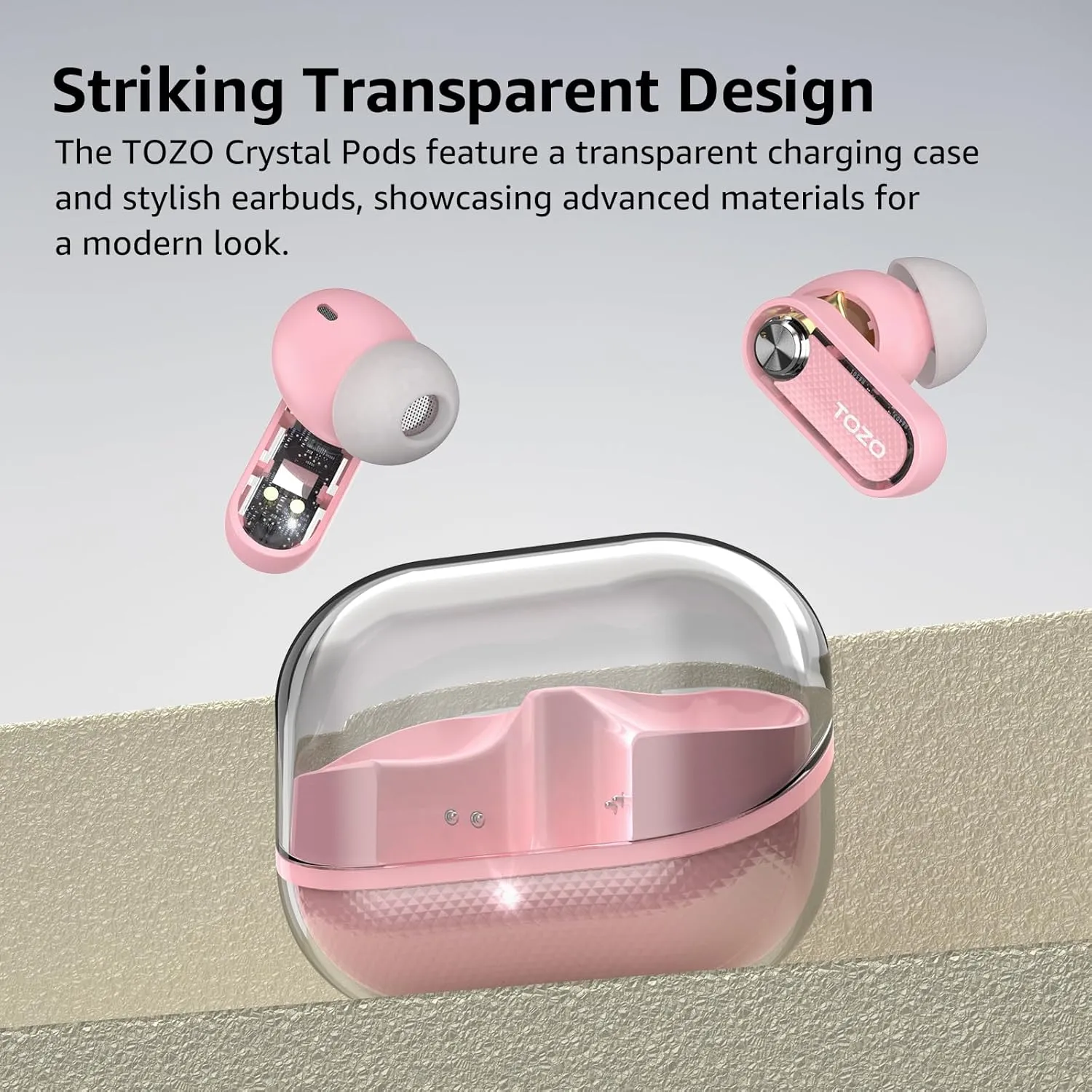 TOZO Hybrid Active Noise Cancelling Wireless Earbuds, Bluetooth 5.4 Headphones, 10mm Drivers Deep Bass Stereo Sound, 4 Mics ENC AI Clear Calls, 32 EQ Customization via App, Crystal Case Design