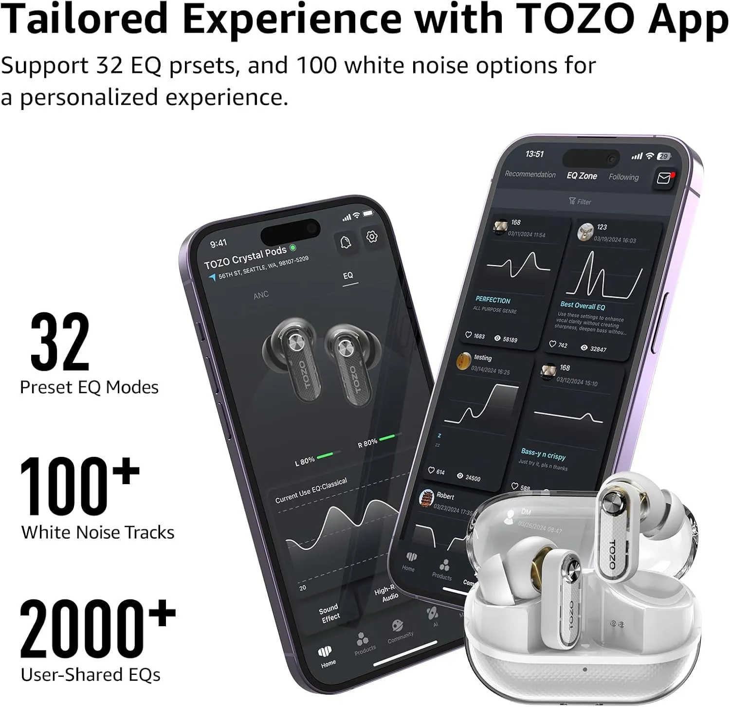 TOZO Hybrid Active Noise Cancelling Wireless Earbuds, Bluetooth 5.4 Headphones, 10mm Drivers Deep Bass Stereo Sound, 4 Mics ENC AI Clear Calls, 32 EQ Customization via App, Crystal Case Design