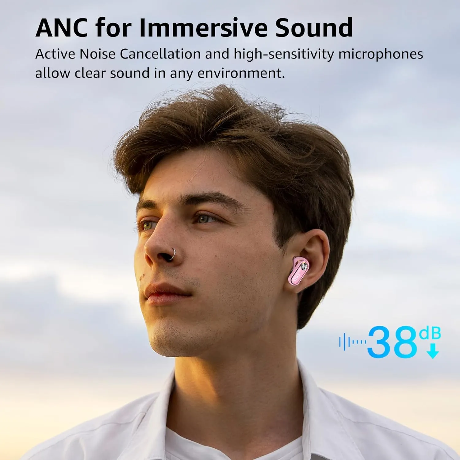 TOZO Hybrid Active Noise Cancelling Wireless Earbuds, Bluetooth 5.4 Headphones, 10mm Drivers Deep Bass Stereo Sound, 4 Mics ENC AI Clear Calls, 32 EQ Customization via App, Crystal Case Design