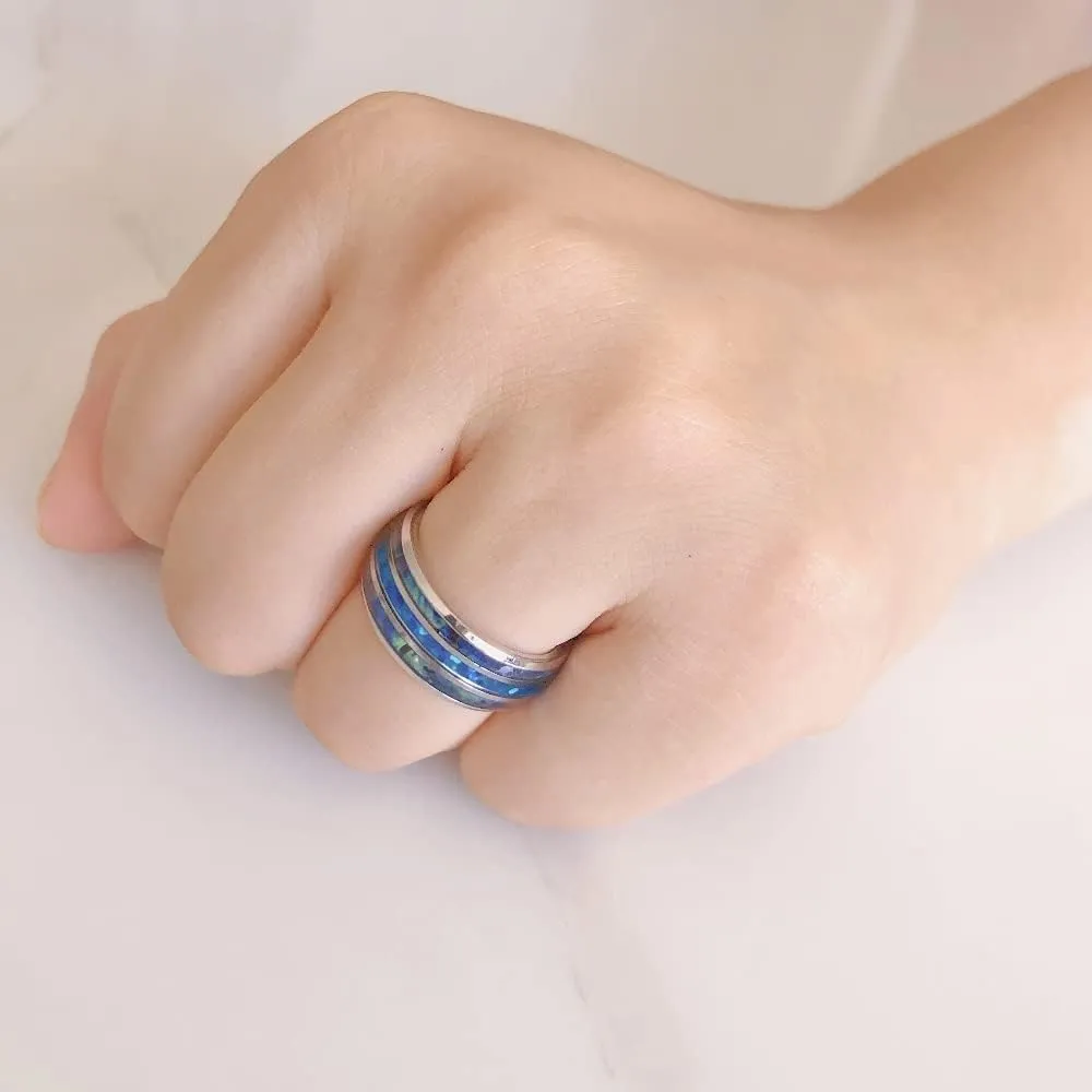 Tungsten Steel Carbide Inlaid Shells Blue Opal Men 8MM Rings Never Fade Engagement Ring Men's Jewelry Band Size 7 to 13