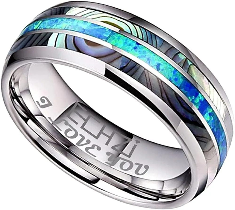 Tungsten Steel Carbide Inlaid Shells Blue Opal Men 8MM Rings Never Fade Engagement Ring Men's Jewelry Band Size 7 to 13