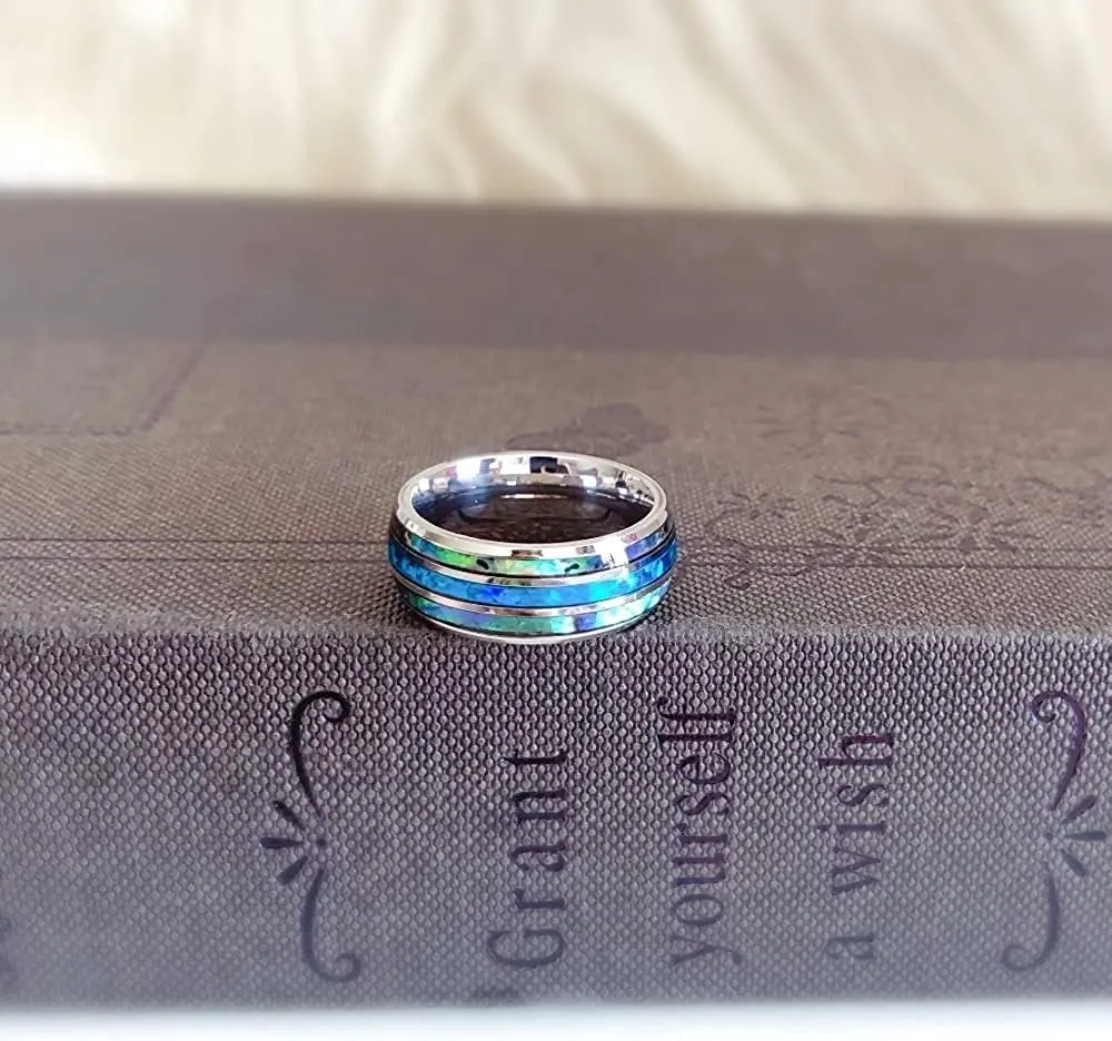 Tungsten Steel Carbide Inlaid Shells Blue Opal Men 8MM Rings Never Fade Engagement Ring Men's Jewelry Band Size 7 to 13