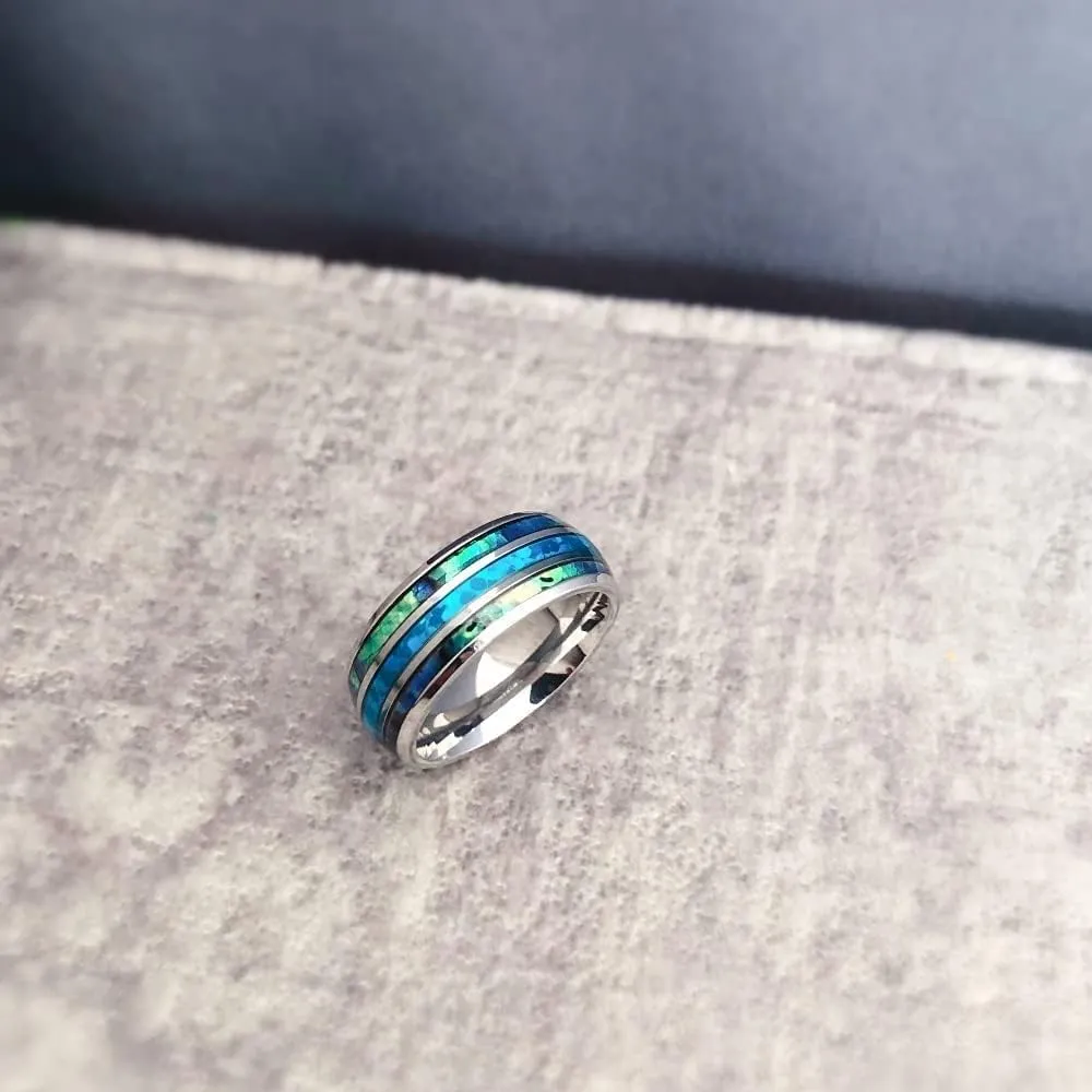 Tungsten Steel Carbide Inlaid Shells Blue Opal Men 8MM Rings Never Fade Engagement Ring Men's Jewelry Band Size 7 to 13