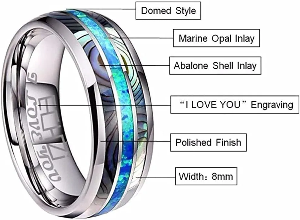Tungsten Steel Carbide Inlaid Shells Blue Opal Men 8MM Rings Never Fade Engagement Ring Men's Jewelry Band Size 7 to 13