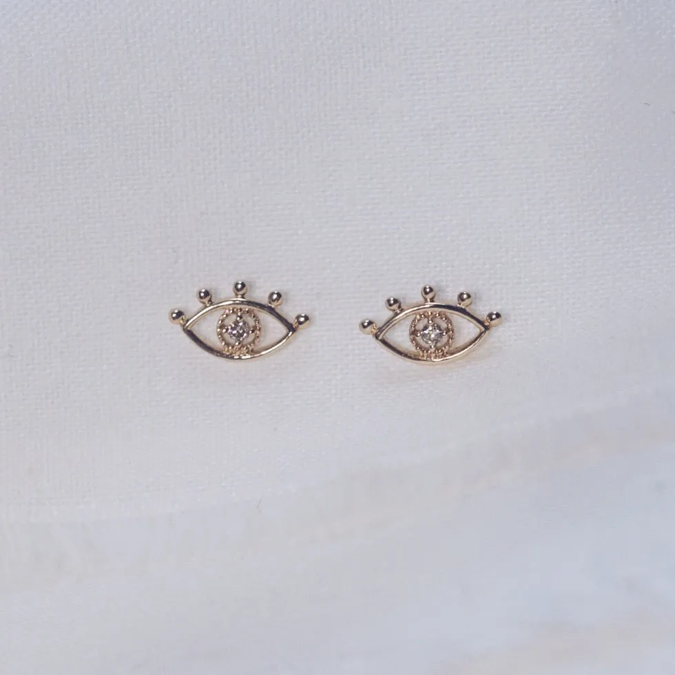White Diamond Evil Eye Stud Earring - Solid 14kt