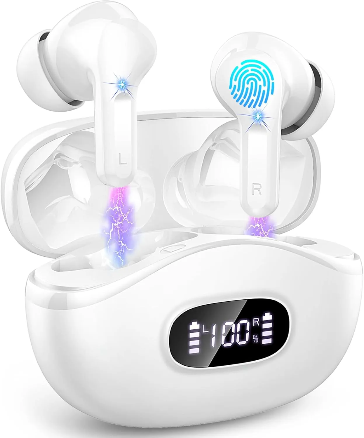 Wireless Earbuds, 40H Bluetooth 5.4 Headphones HiFi Stereo Ear Buds with Charging Case, White