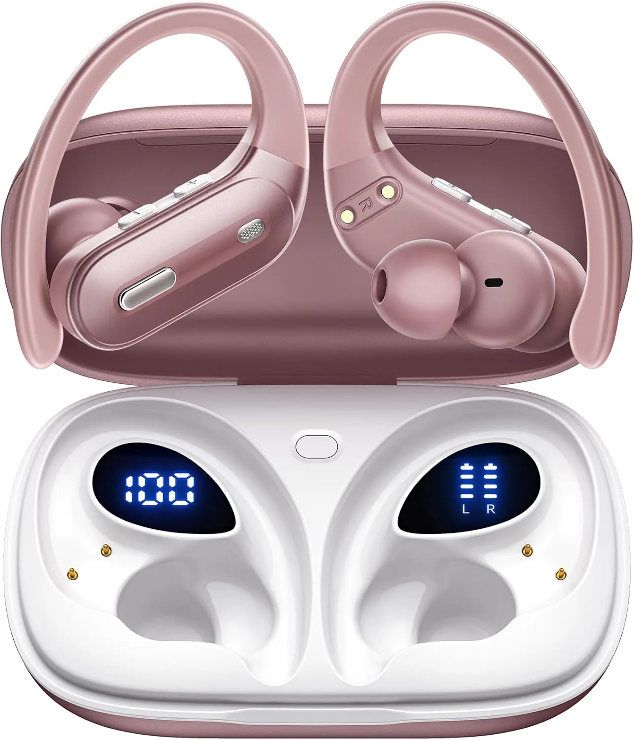 Wireless Earbuds Bluetooth 5.3 Headphones 90 Hrs Playtime Ear buds with Wireless Charging Case Power Display Over-ear Earphones with Earhooks Waterproof Stereo Headset for Android phone Workout Pink