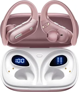 Wireless Earbuds Bluetooth 5.3 Headphones 90 Hrs Playtime Ear buds with Wireless Charging Case Power Display Over-ear Earphones with Earhooks Waterproof Stereo Headset for Android phone Workout Pink