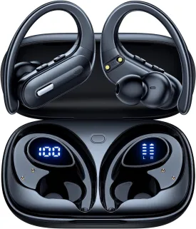 Wireless Earbuds Bluetooth 5.3 Headphones 90 Hrs Playtime Earbuds with Wireless Charging Case Power Display Over-Ear Earphones with Earhooks Waterproof Stereo Headset for Android Phone Workout Black