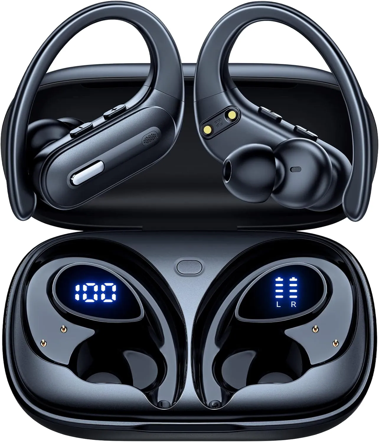 Wireless Earbuds Bluetooth 5.3 Headphones 90 Hrs Playtime Earbuds with Wireless Charging Case Power Display Over-Ear Earphones with Earhooks Waterproof Stereo Headset for Android Phone Workout Black