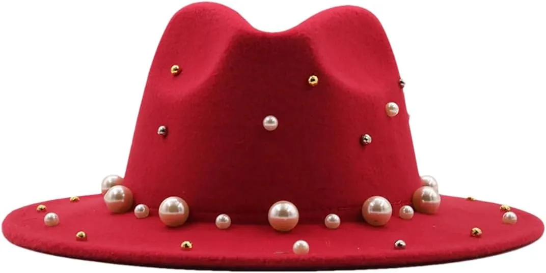 Women Wool Fedora Hat with Pearl Gentleman Wide Brim Church Panama Sombrero Men Jazz Cap red 56-58CM, Medium