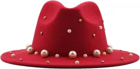 Women Wool Fedora Hat with Pearl Gentleman Wide Brim Church Panama Sombrero Men Jazz Cap red 56-58CM, Medium