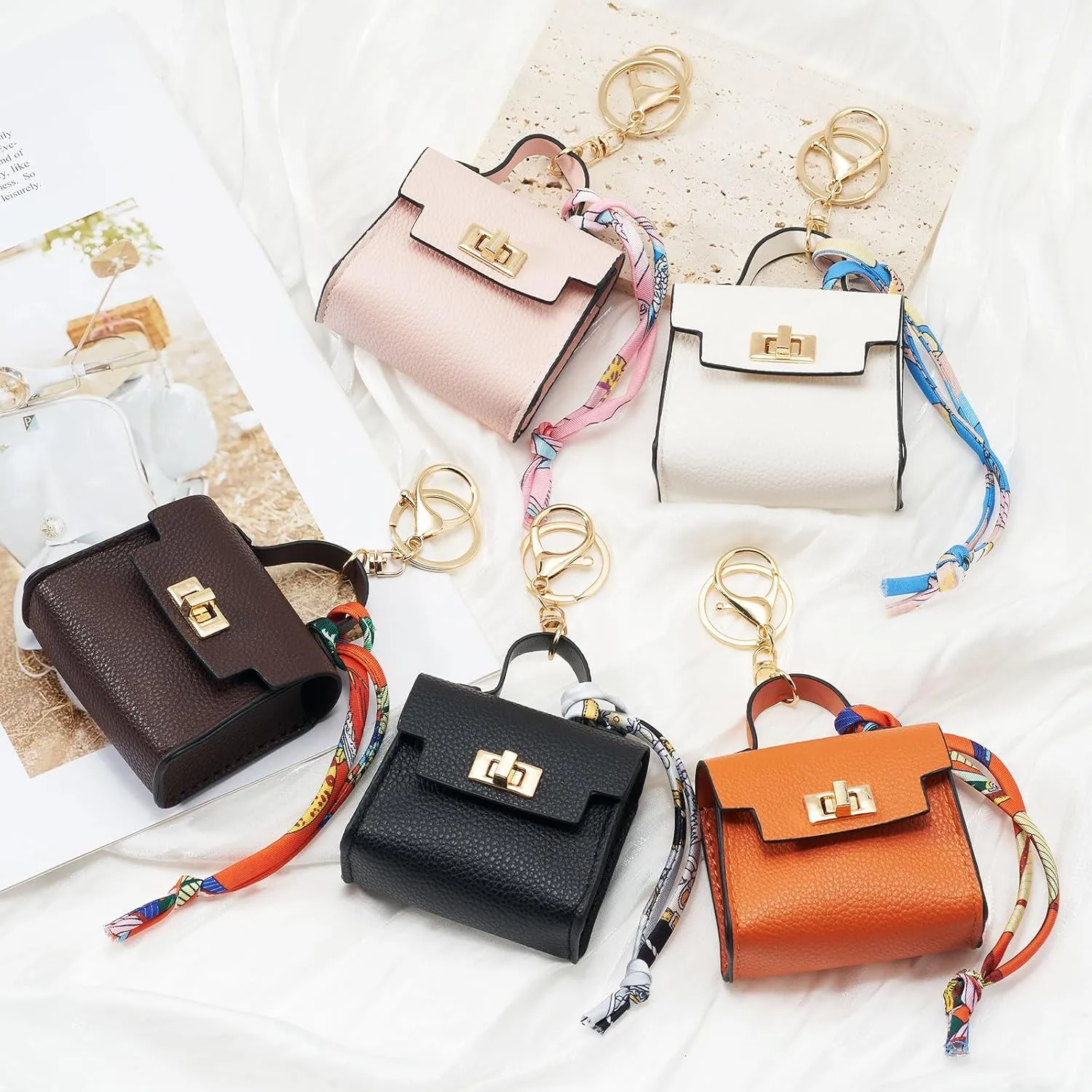 WOZEAH Mini Backpack Keychain for Women,Small Change Pouch Coin Purse Twist-lock with Key Headset BagBrown