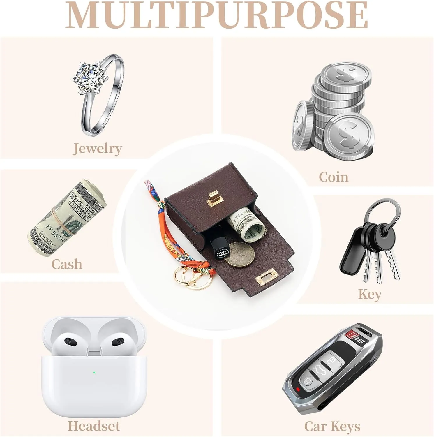 WOZEAH Mini Backpack Keychain for Women,Small Change Pouch Coin Purse Twist-lock with Key Headset BagBrown