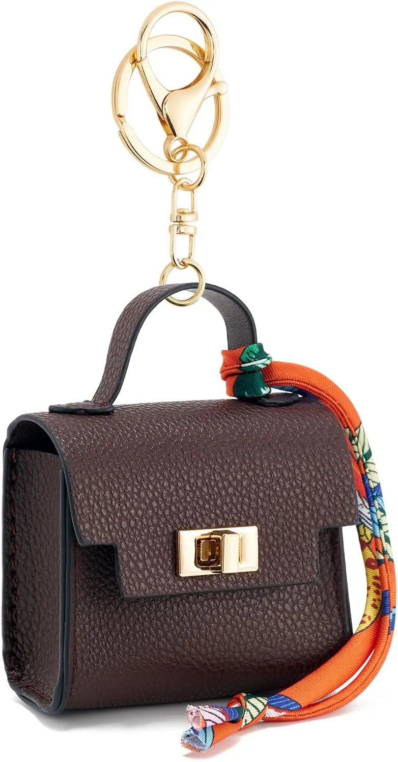 WOZEAH Mini Backpack Keychain for Women,Small Change Pouch Coin Purse Twist-lock with Key Headset BagBrown